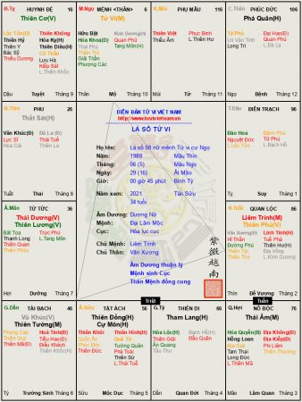 Lá số 58 dương nữ mệnh Tử vi cư Ngọ ăn cách Tử Phủ Vũ Tướng đắc cách nhất trong tử vi